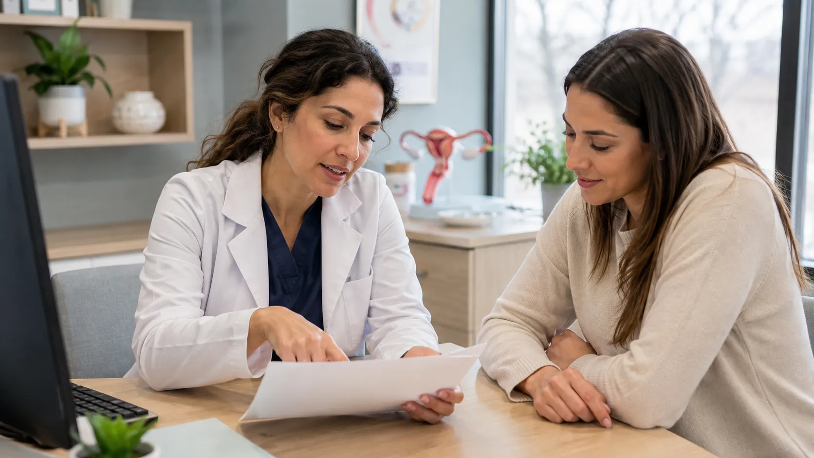 Fertility physician reviewing medical screening guidance with a prospective surrogate