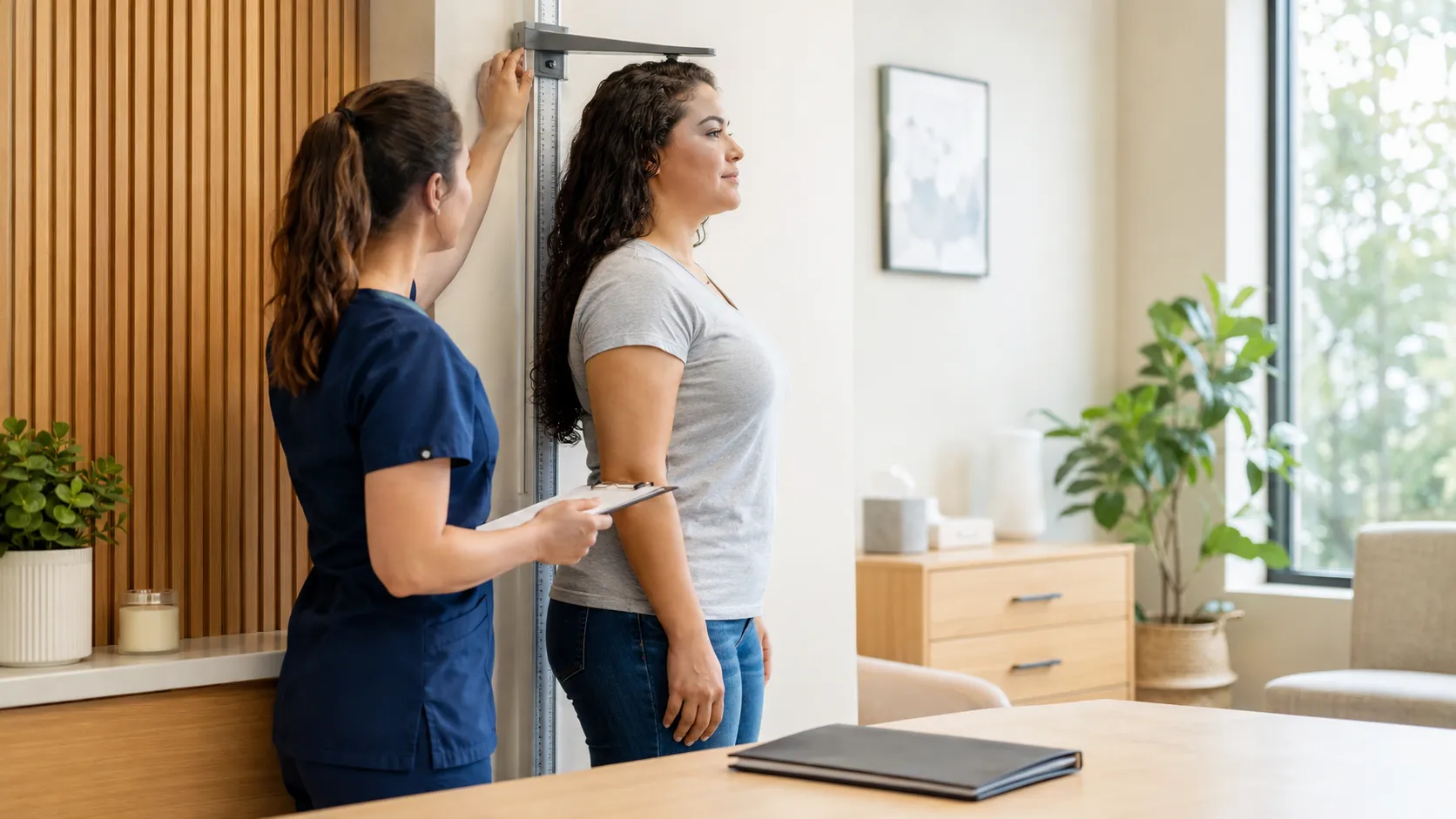 Prospective surrogate completing a routine height and overall health assessment