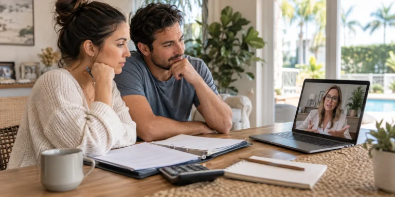 Prospective surrogate and her partner reviewing a compensation plan with an agency program director