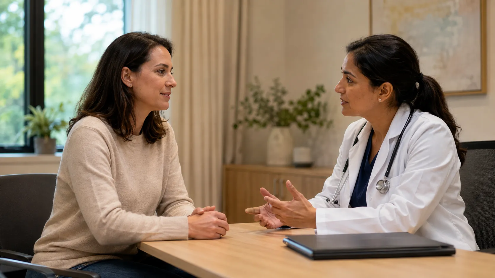 Woman discussing her health and pregnancy history with a reproductive health physician