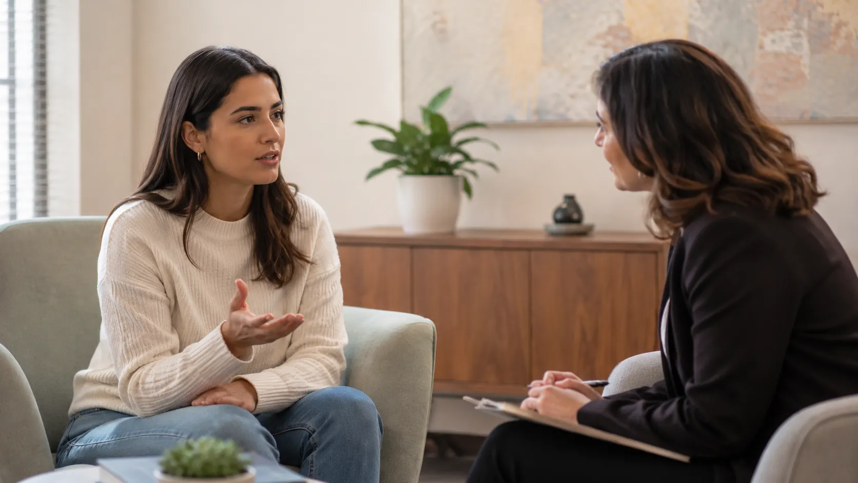 Young adult discussing the emotional responsibilities of surrogacy with an experienced counselor