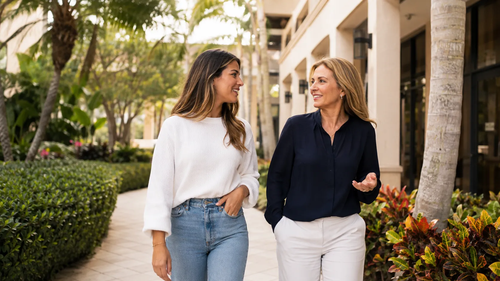 Former surrogate walking with an experienced program director outside a South Florida agency office
