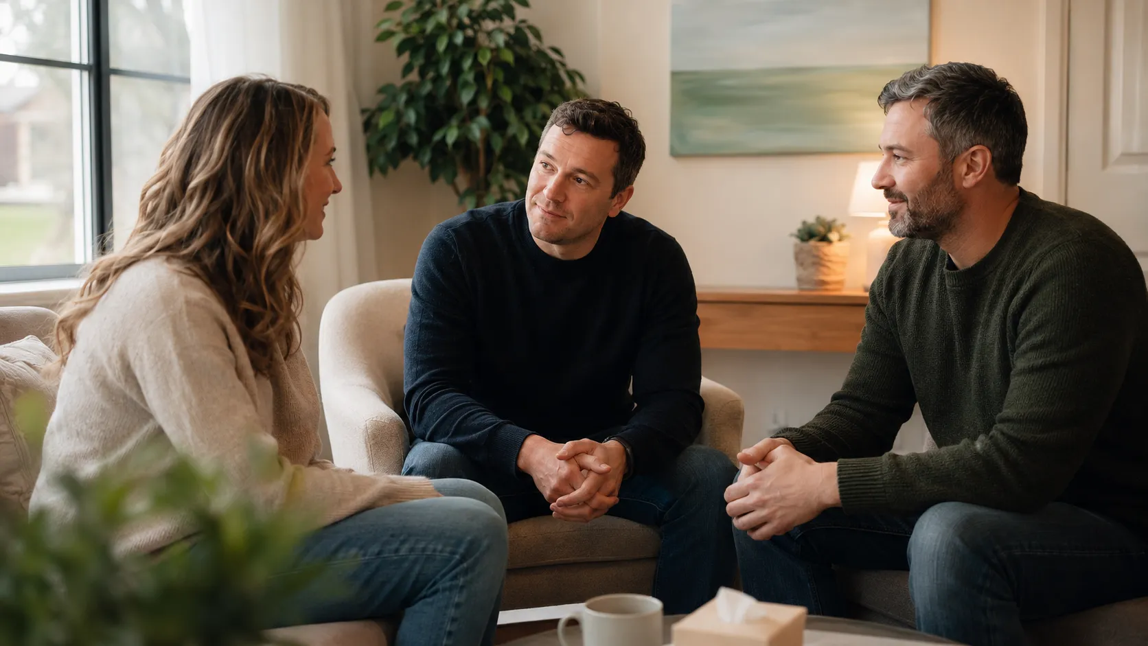 Repeat surrogate meeting two intended fathers to discuss a possible surrogacy journey