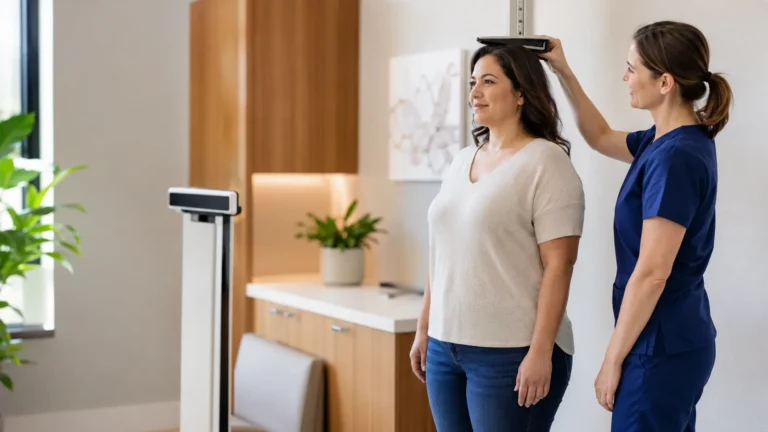 Prospective surrogate completing a routine height assessment as part of her health screening
