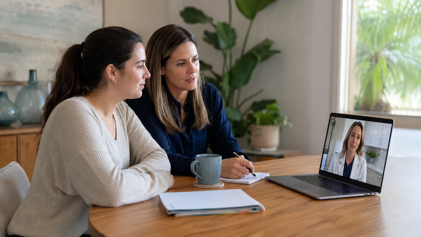 Program director supporting a surrogacy candidate during a video consultation with a fertility physician