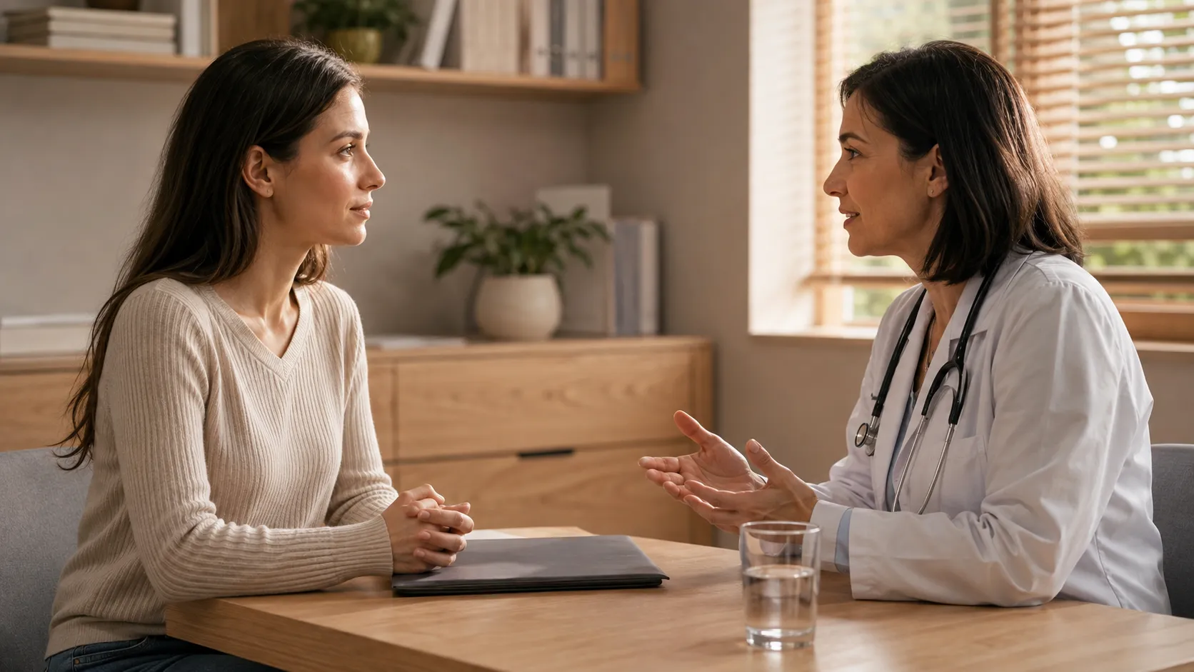 Surrogacy candidate and her support person discussing the broader qualifications with a case manager