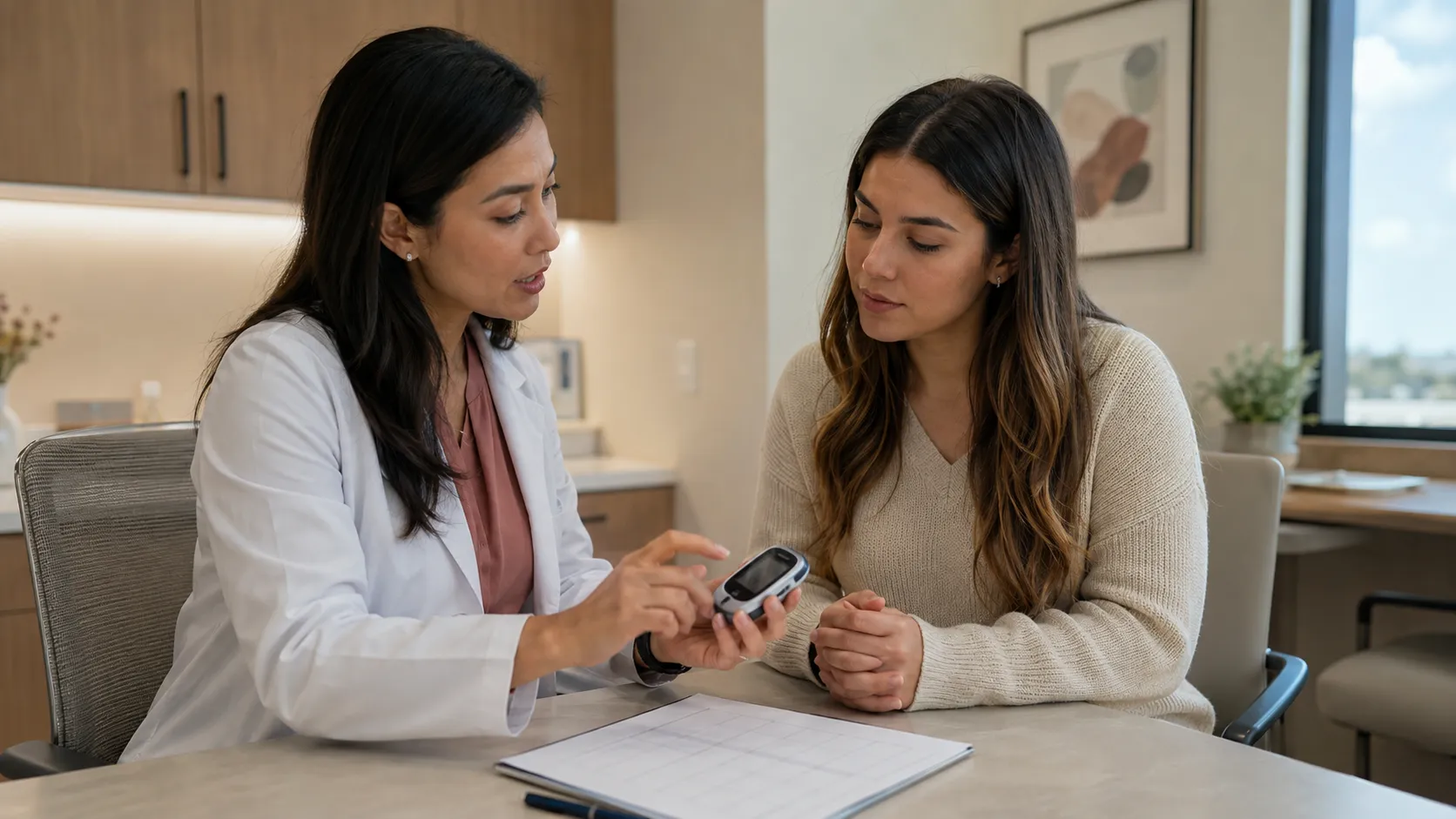 Fertility physician explaining blood sugar monitoring and insulin resistance to a prospective surrogate